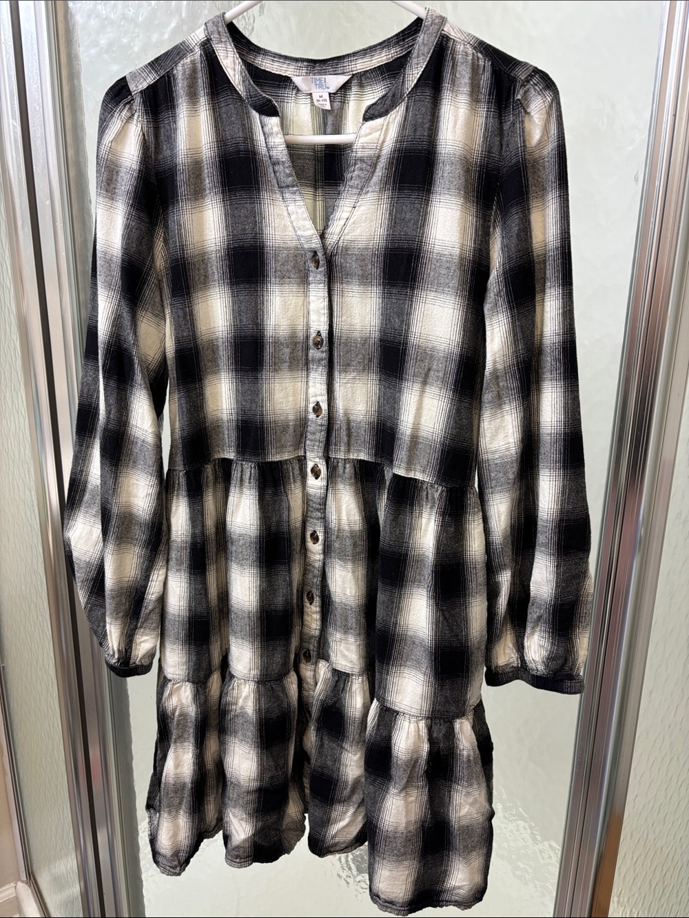 Time and Tru Black and Cream Plaid Button-Front Tiered Dress with Pockets